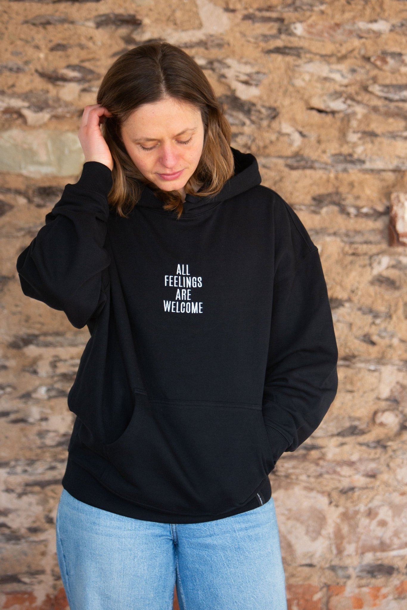 Organic Oversize Hoodie ALL FEELINGS ARE WELCOME Stick | unisex | Schwarz - Studio Schön®