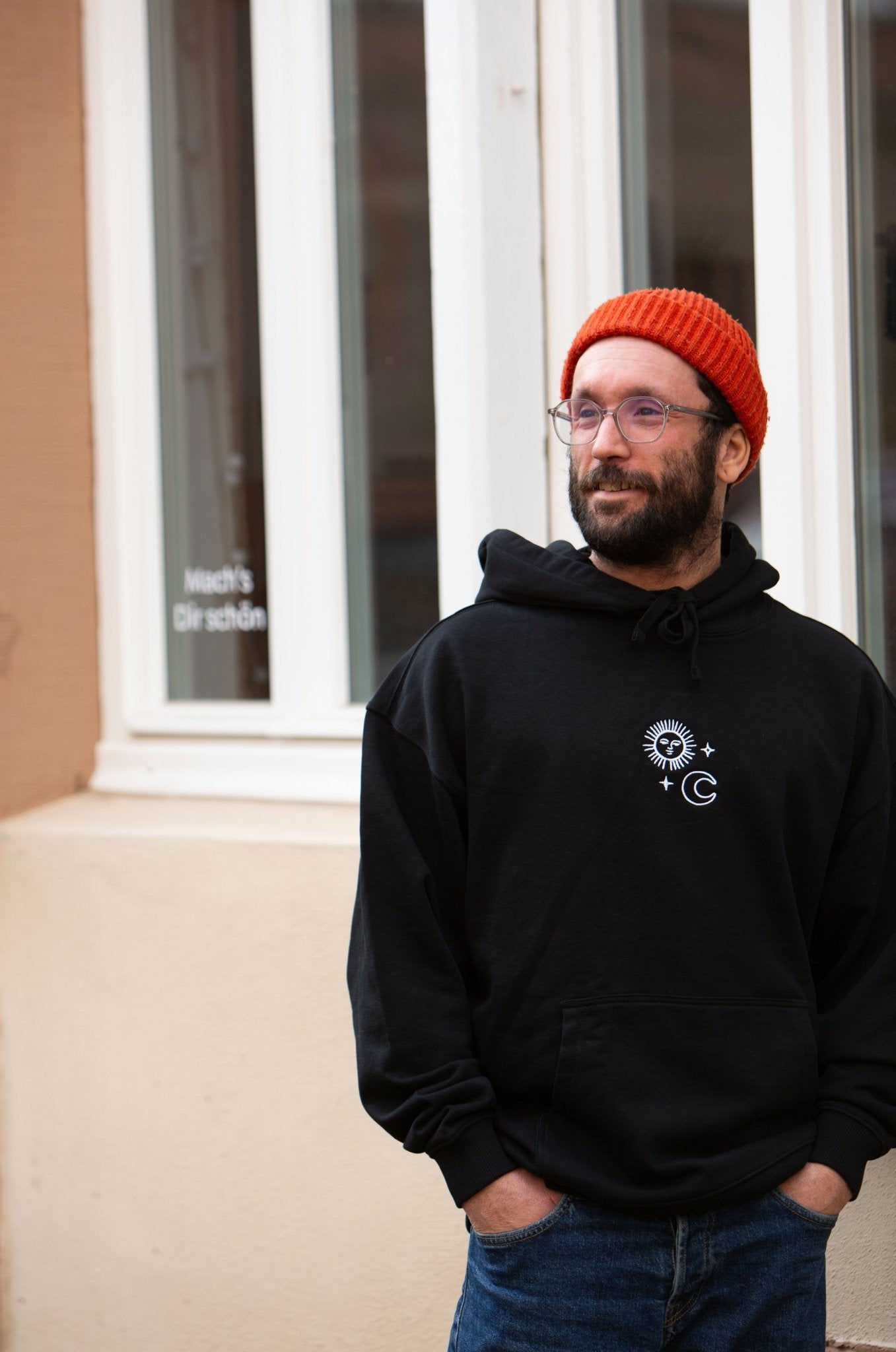 Organic Oversize Hoodie SONNE MOND STERNE Stick | unisex | Schwarz - Studio Schön®