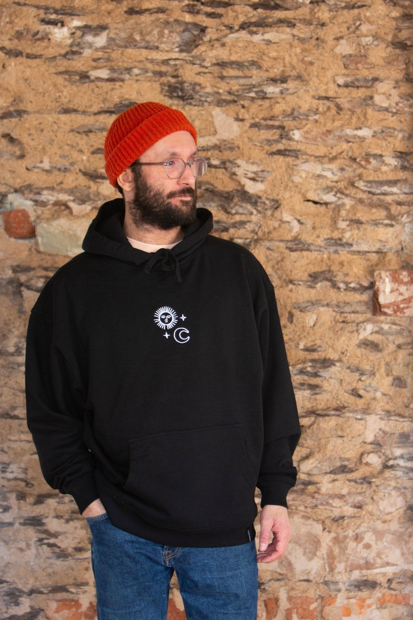 Organic Oversize Hoodie SONNE MOND STERNE Stick | unisex | Schwarz - Studio Schön®