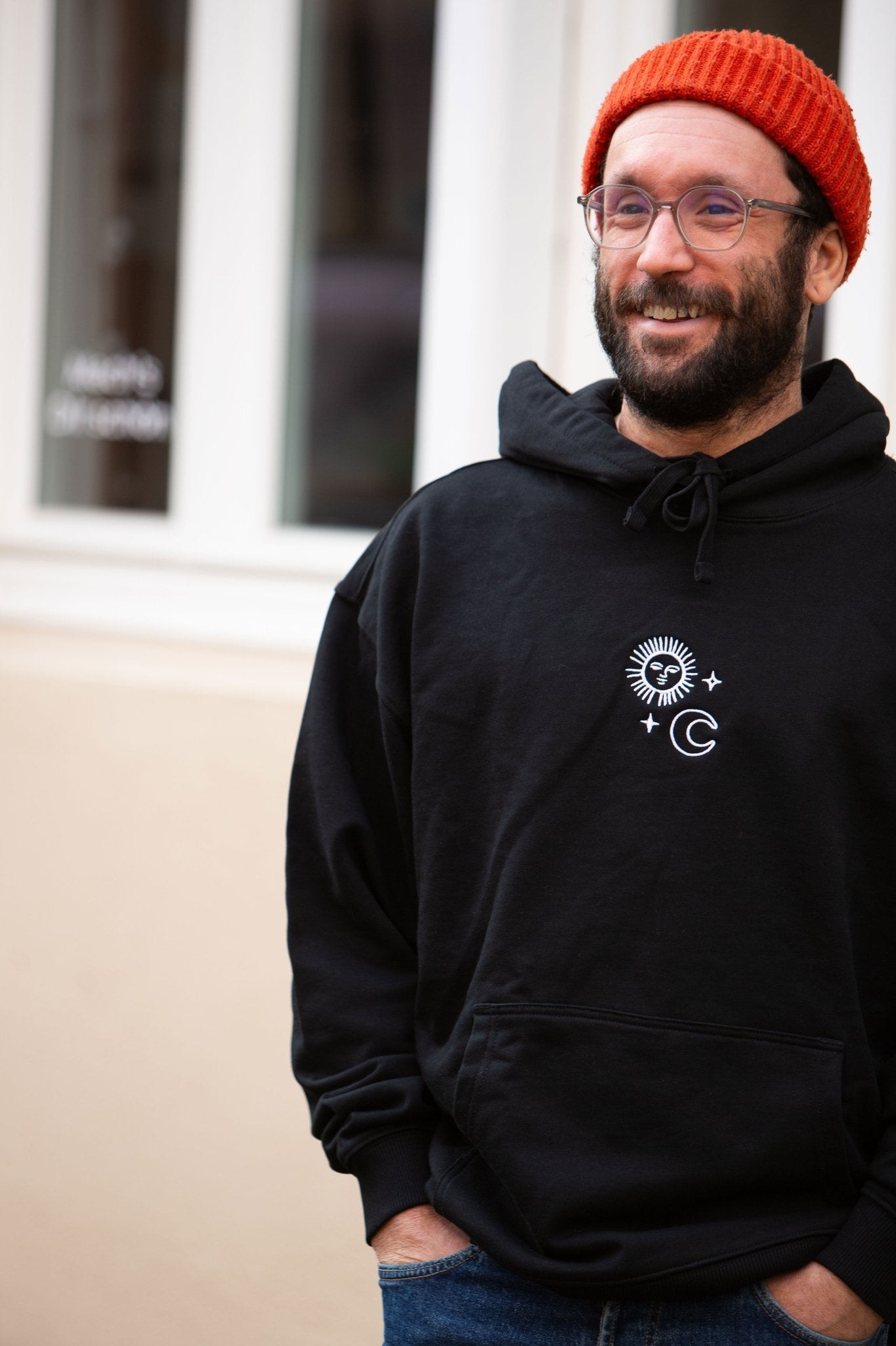 Organic Oversize Hoodie SONNE MOND STERNE Stick | unisex | Schwarz - Studio Schön®