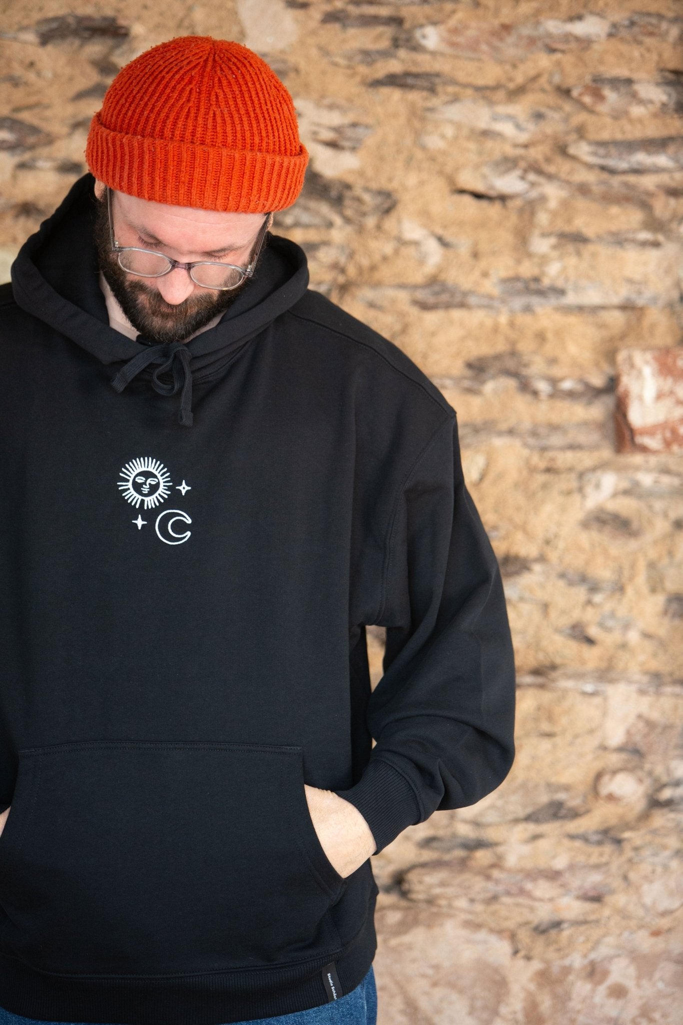 Organic Oversize Hoodie SONNE MOND STERNE Stick | unisex | Schwarz - Studio Schön®