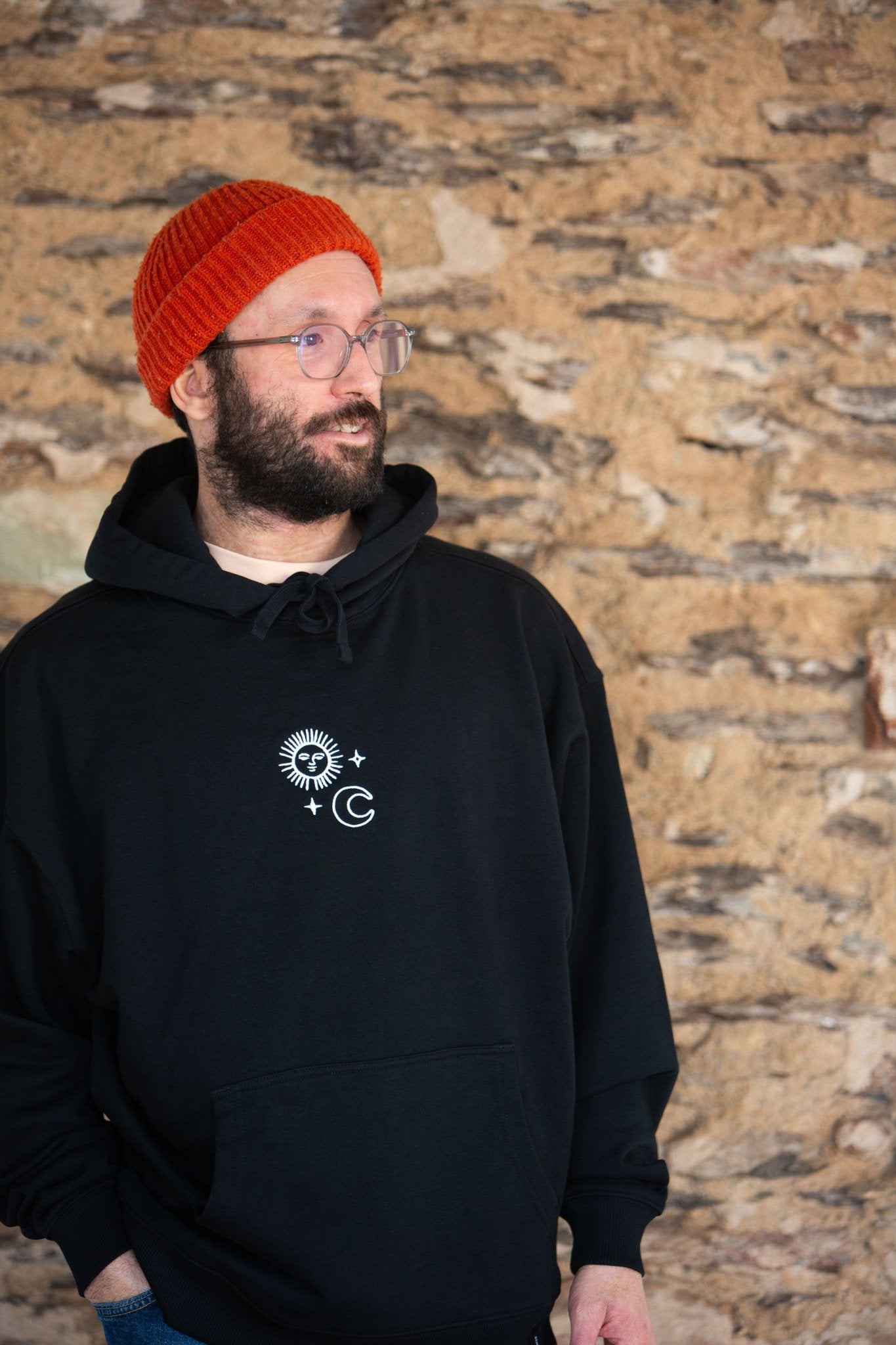Organic Oversize Hoodie SONNE MOND STERNE Stick | unisex | Schwarz - Studio Schön®